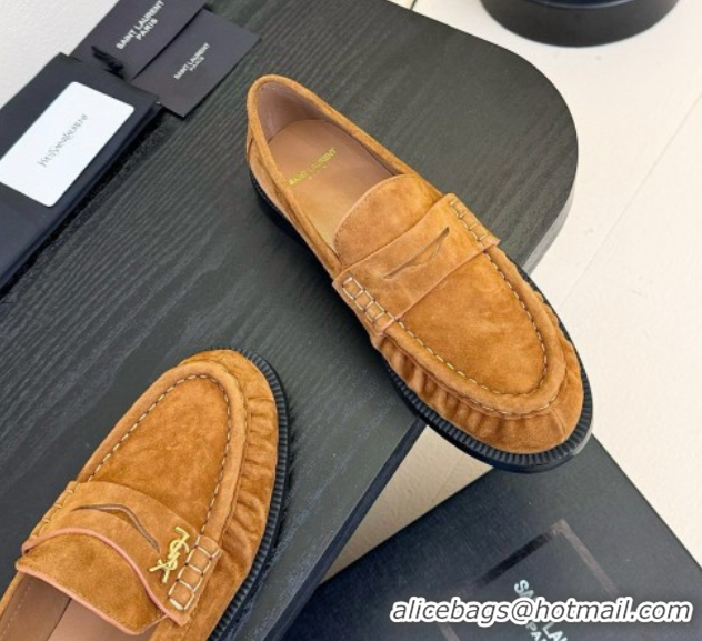 Charming Saint Laurent Le Loafers Penny Slippers in Suede Light Brown 0424024