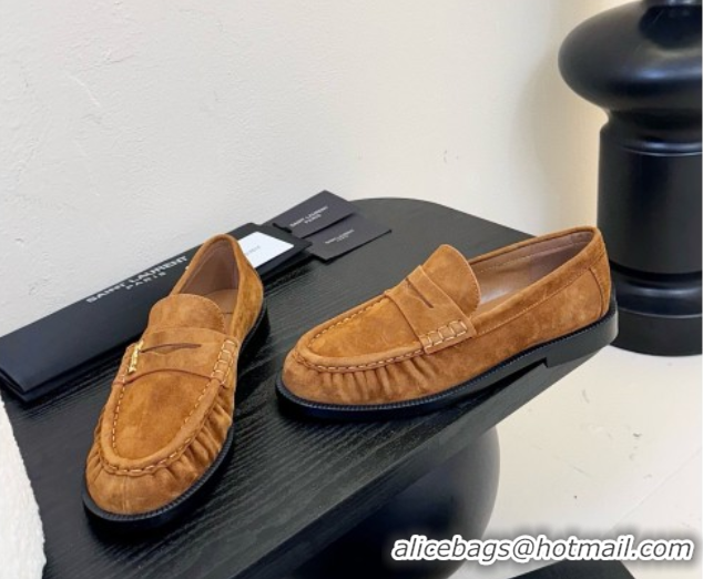 Charming Saint Laurent Le Loafers Penny Slippers in Suede Light Brown 0424024