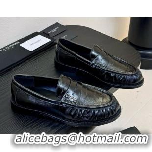 Top Design Saint Laurent Le Loafers Penny Slippers in Eel Embossed Leather Black 0424025