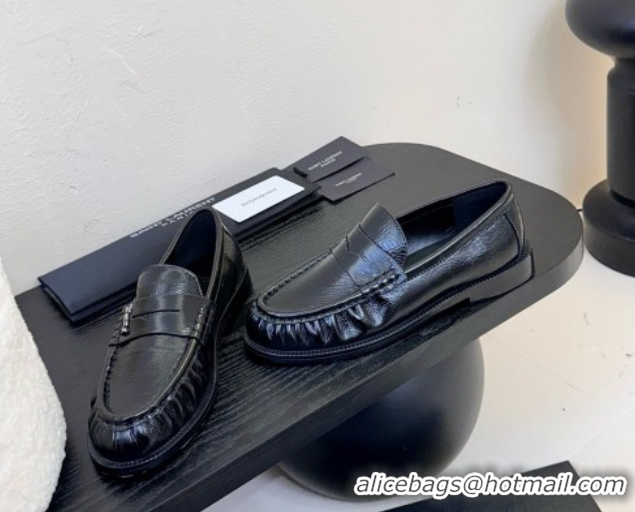 Top Design Saint Laurent Le Loafers Penny Slippers in Eel Embossed Leather Black 0424025