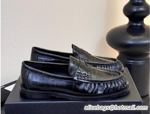 Top Design Saint Laurent Le Loafers Penny Slippers in Eel Embossed Leather Black 0424025