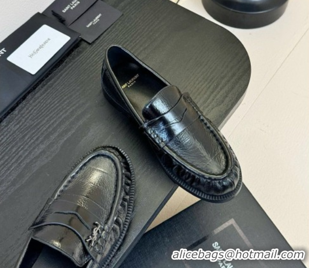Top Design Saint Laurent Le Loafers Penny Slippers in Eel Embossed Leather Black 0424025