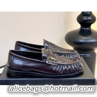 Stylish Saint Laurent Le Loafers Penny Slippers in Eel Embossed Leather Burgundy 0424026