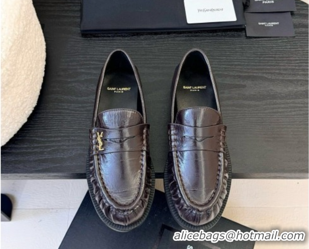 Stylish Saint Laurent Le Loafers Penny Slippers in Eel Embossed Leather Burgundy 0424026
