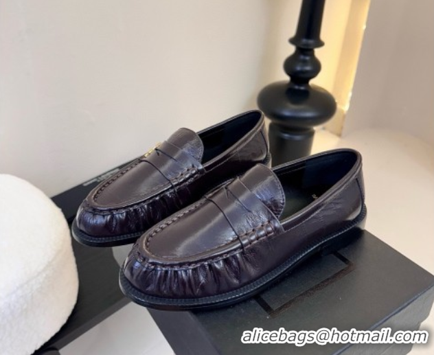 Stylish Saint Laurent Le Loafers Penny Slippers in Eel Embossed Leather Burgundy 0424026