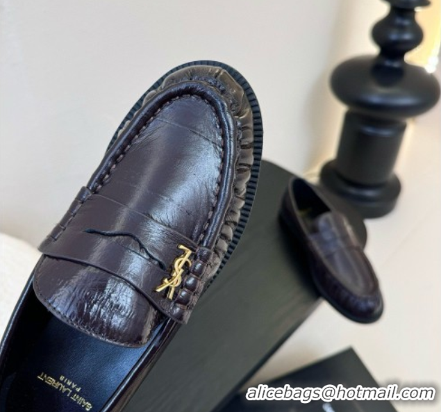 Stylish Saint Laurent Le Loafers Penny Slippers in Eel Embossed Leather Burgundy 0424026