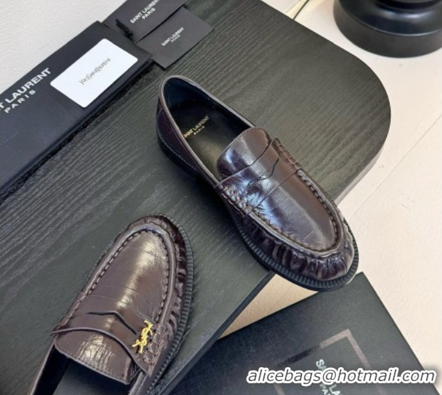 Stylish Saint Laurent Le Loafers Penny Slippers in Eel Embossed Leather Burgundy 0424026
