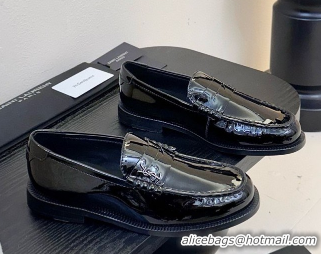 Sophisticated Saint Laurent Le Loafers Penny Slippers in Patent Leather Black 0424027