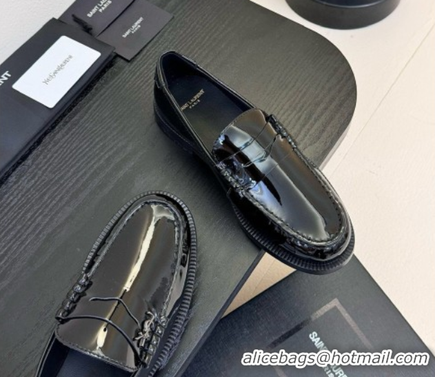 Sophisticated Saint Laurent Le Loafers Penny Slippers in Patent Leather Black 0424027