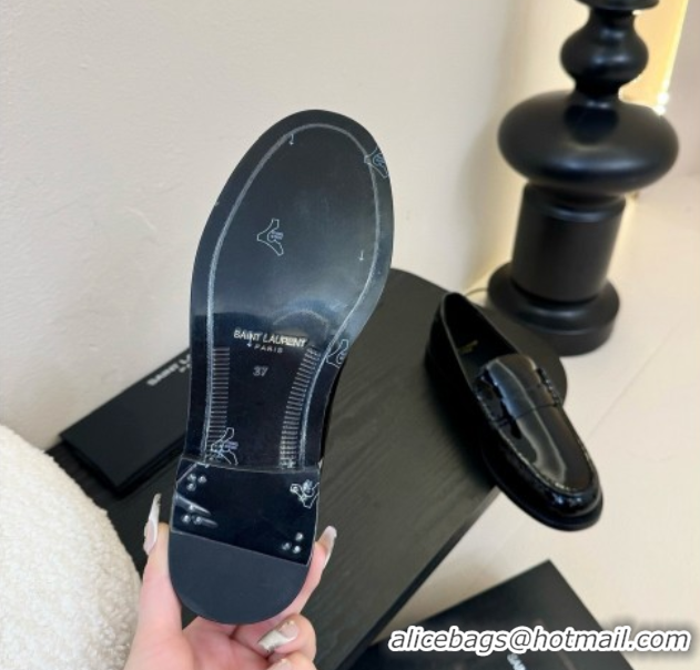 Sophisticated Saint Laurent Le Loafers Penny Slippers in Patent Leather Black 0424027