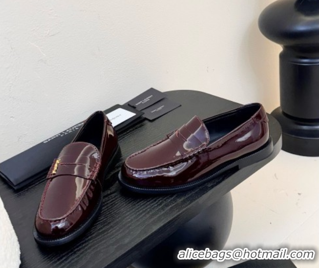 Grade Saint Laurent Le Loafers Penny Slippers in Patent Leather Burgundy 0424028