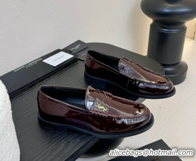 Grade Saint Laurent Le Loafers Penny Slippers in Patent Leather Burgundy 0424028