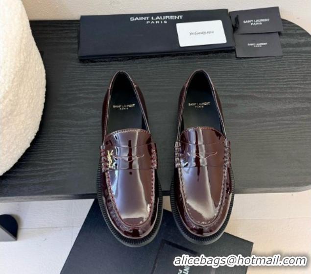 Grade Saint Laurent Le Loafers Penny Slippers in Patent Leather Burgundy 0424028