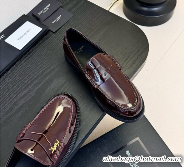Grade Saint Laurent Le Loafers Penny Slippers in Patent Leather Burgundy 0424028
