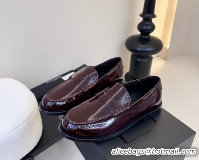 Grade Saint Laurent Le Loafers Penny Slippers in Patent Leather Burgundy 0424028