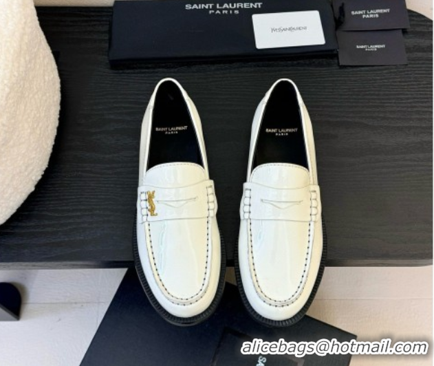 Popular Style Saint Laurent Le Loafers Penny Slippers in Patent Leather White 0424029