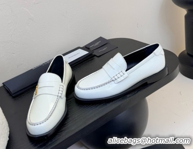 Popular Style Saint Laurent Le Loafers Penny Slippers in Patent Leather White 0424029