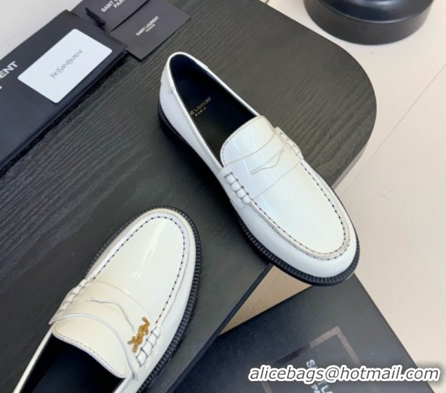 Popular Style Saint Laurent Le Loafers Penny Slippers in Patent Leather White 0424029
