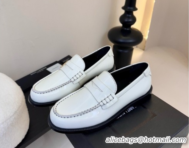 Popular Style Saint Laurent Le Loafers Penny Slippers in Patent Leather White 0424029