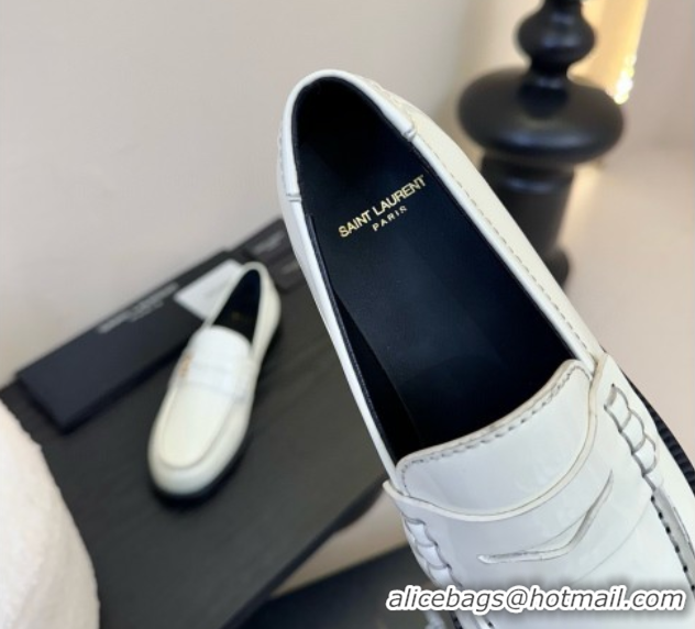 Popular Style Saint Laurent Le Loafers Penny Slippers in Patent Leather White 0424029