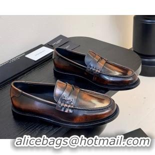 Shop Duplicate Saint Laurent Le Loafers Penny Slippers in Faded Leather Brown 0424030