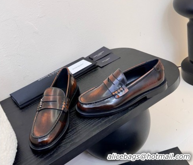 Shop Duplicate Saint Laurent Le Loafers Penny Slippers in Faded Leather Brown 0424030