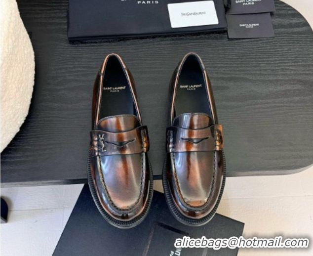 Shop Duplicate Saint Laurent Le Loafers Penny Slippers in Faded Leather Brown 0424030