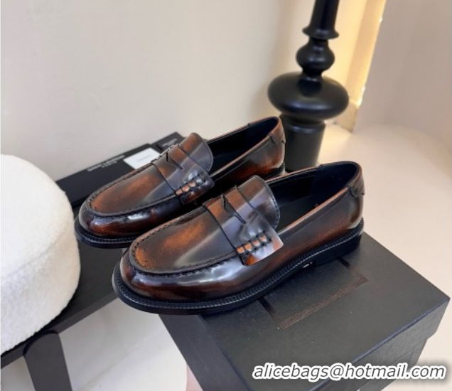 Shop Duplicate Saint Laurent Le Loafers Penny Slippers in Faded Leather Brown 0424030