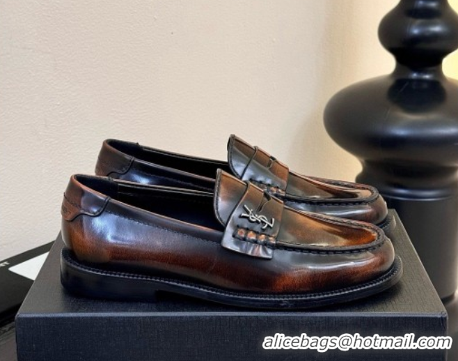 Shop Duplicate Saint Laurent Le Loafers Penny Slippers in Faded Leather Brown 0424030