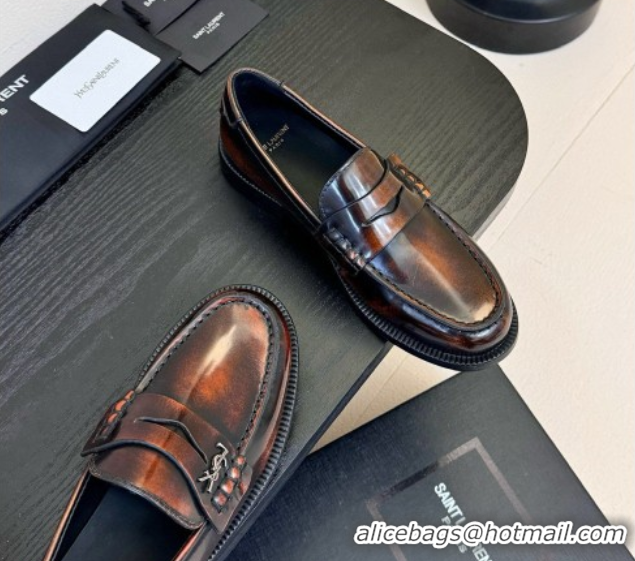 Shop Duplicate Saint Laurent Le Loafers Penny Slippers in Faded Leather Brown 0424030