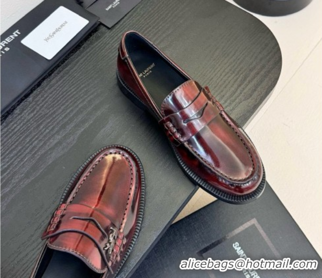 Good Product Saint Laurent Le Loafers Penny Slippers in Faded Leather Burgundy 0424031