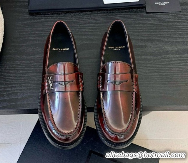 Good Product Saint Laurent Le Loafers Penny Slippers in Faded Leather Burgundy 0424031