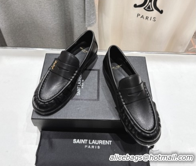 Stylish Saint Laurent Le Loafers Penny Slippers in Calf Leather Black 0424032