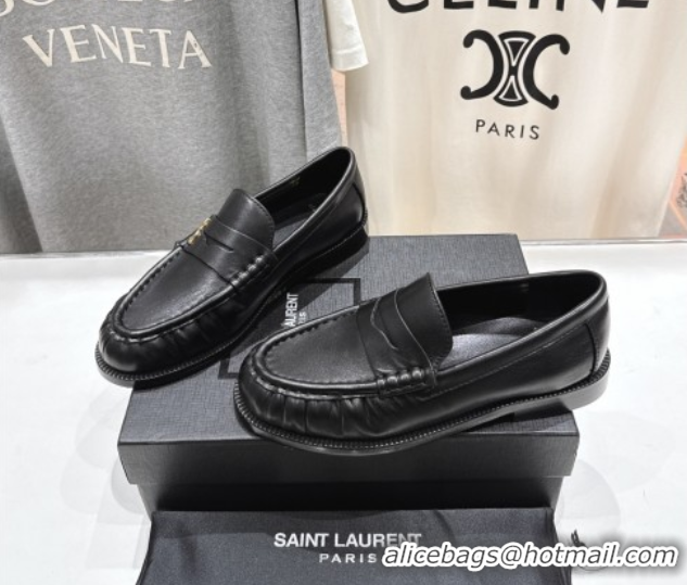 Stylish Saint Laurent Le Loafers Penny Slippers in Calf Leather Black 0424032