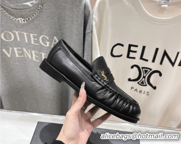 Stylish Saint Laurent Le Loafers Penny Slippers in Calf Leather Black 0424032