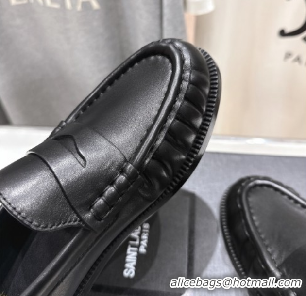 Stylish Saint Laurent Le Loafers Penny Slippers in Calf Leather Black 0424032
