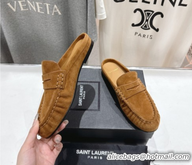 Good Looking Saint Laurent Le Loafers Mules in Suede Light Brown 0424033
