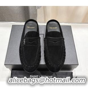 Good Quality Saint Laurent Le Loafers Mules in Suede Black 0424034
