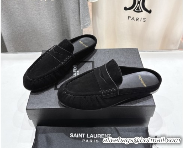 Good Quality Saint Laurent Le Loafers Mules in Suede Black 0424034
