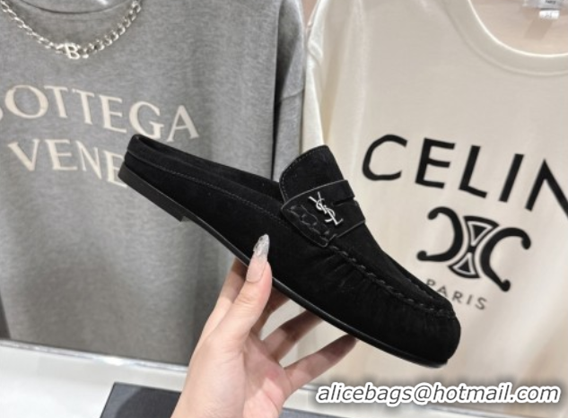 Good Quality Saint Laurent Le Loafers Mules in Suede Black 0424034