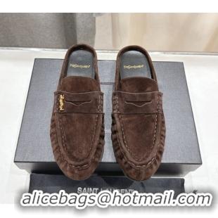 Best Product Saint Laurent Le Loafers Mules in Suede Dark Brown 0424035