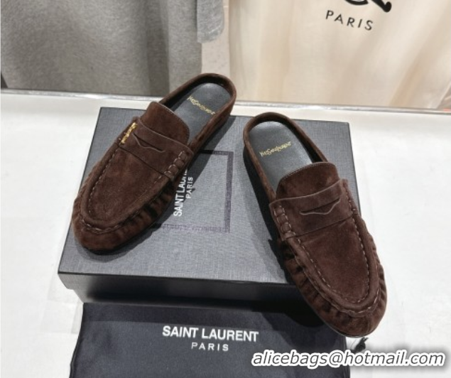 Best Product Saint Laurent Le Loafers Mules in Suede Dark Brown 0424035