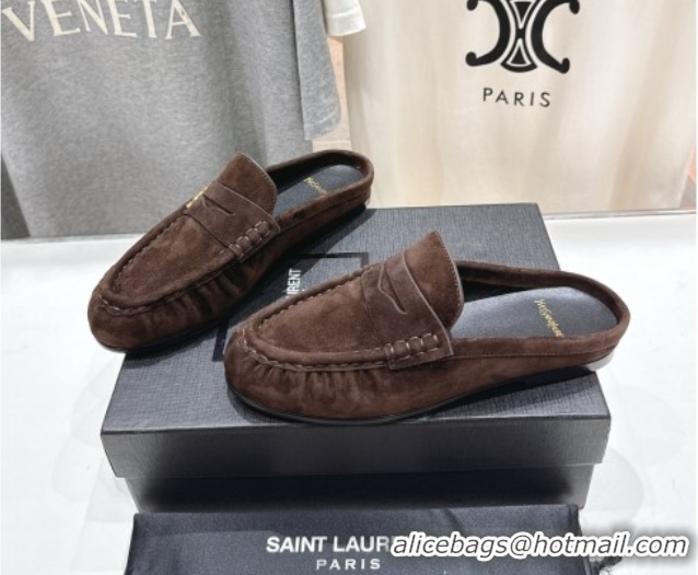 Best Product Saint Laurent Le Loafers Mules in Suede Dark Brown 0424035