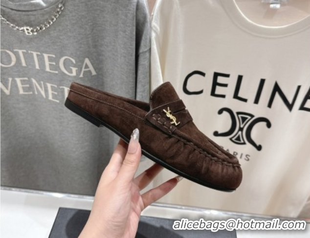 Best Product Saint Laurent Le Loafers Mules in Suede Dark Brown 0424035