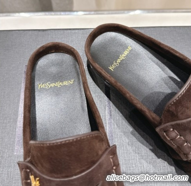 Best Product Saint Laurent Le Loafers Mules in Suede Dark Brown 0424035