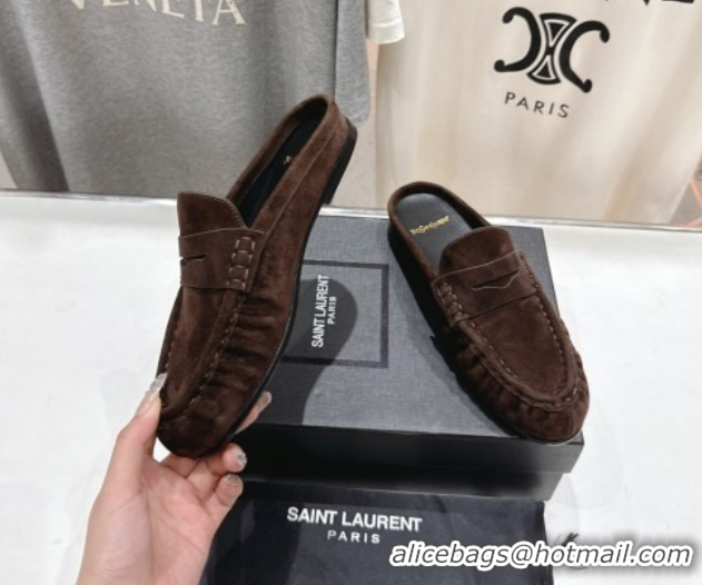 Best Product Saint Laurent Le Loafers Mules in Suede Dark Brown 0424035