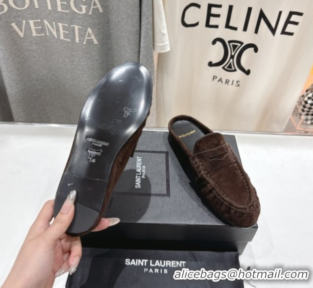 Best Product Saint Laurent Le Loafers Mules in Suede Dark Brown 0424035