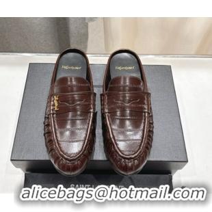 Durable Saint Laurent Le Loafers Mules in Eel Embossed Leather Brown 0424038