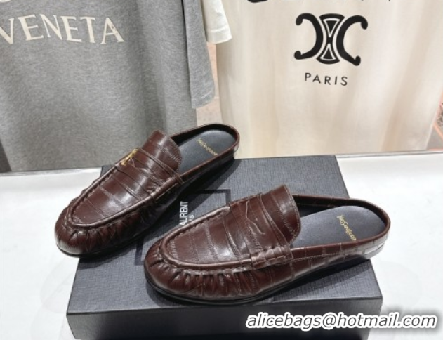 Durable Saint Laurent Le Loafers Mules in Eel Embossed Leather Brown 0424038