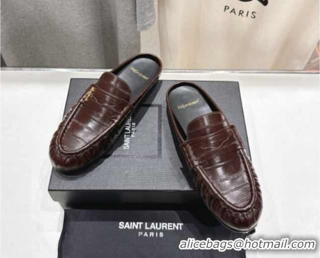 Durable Saint Laurent Le Loafers Mules in Eel Embossed Leather Brown 0424038
